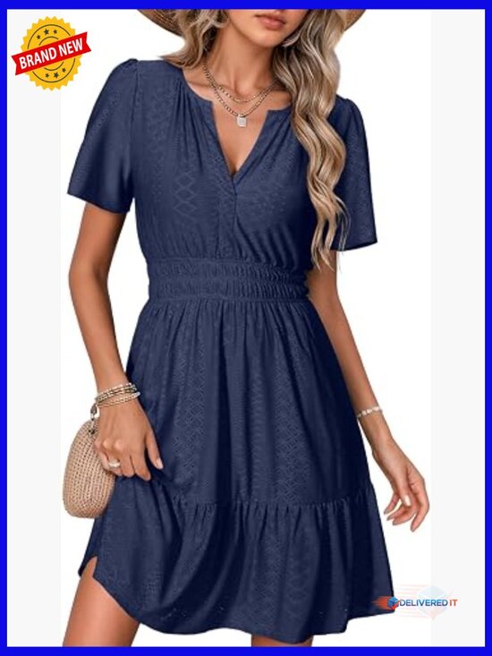 Dresses & Skirts - A-Line Mini Dress with Pockets Eyelet Short Sleeve Casual Summer Dress